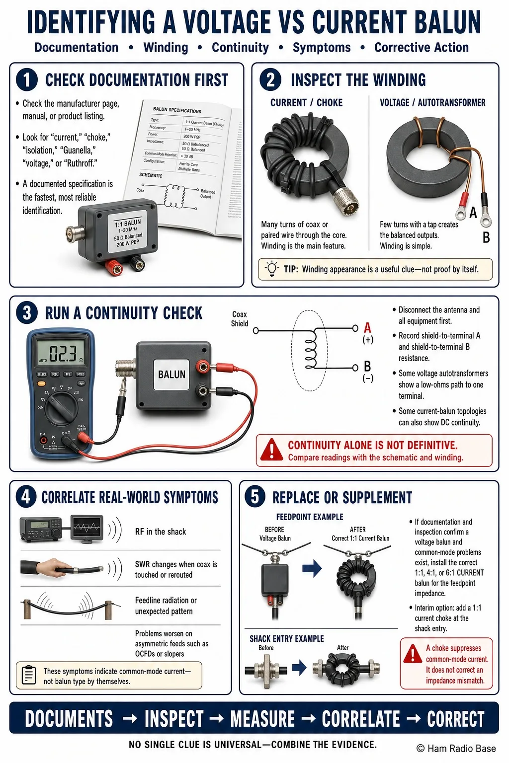Side-by-side comparison of a simple voltage balun autotransformer winding and a ferrite-core current balun choke winding, showing the visible construction difference