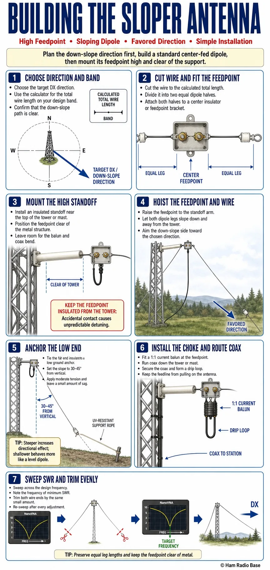 sloper antenna wire dipole fed from a standoff arm near the top of a tower, sloping down and away at roughly 40 degrees to a low ground anchor point, with coax running down the tower alongside the feedline choke balun