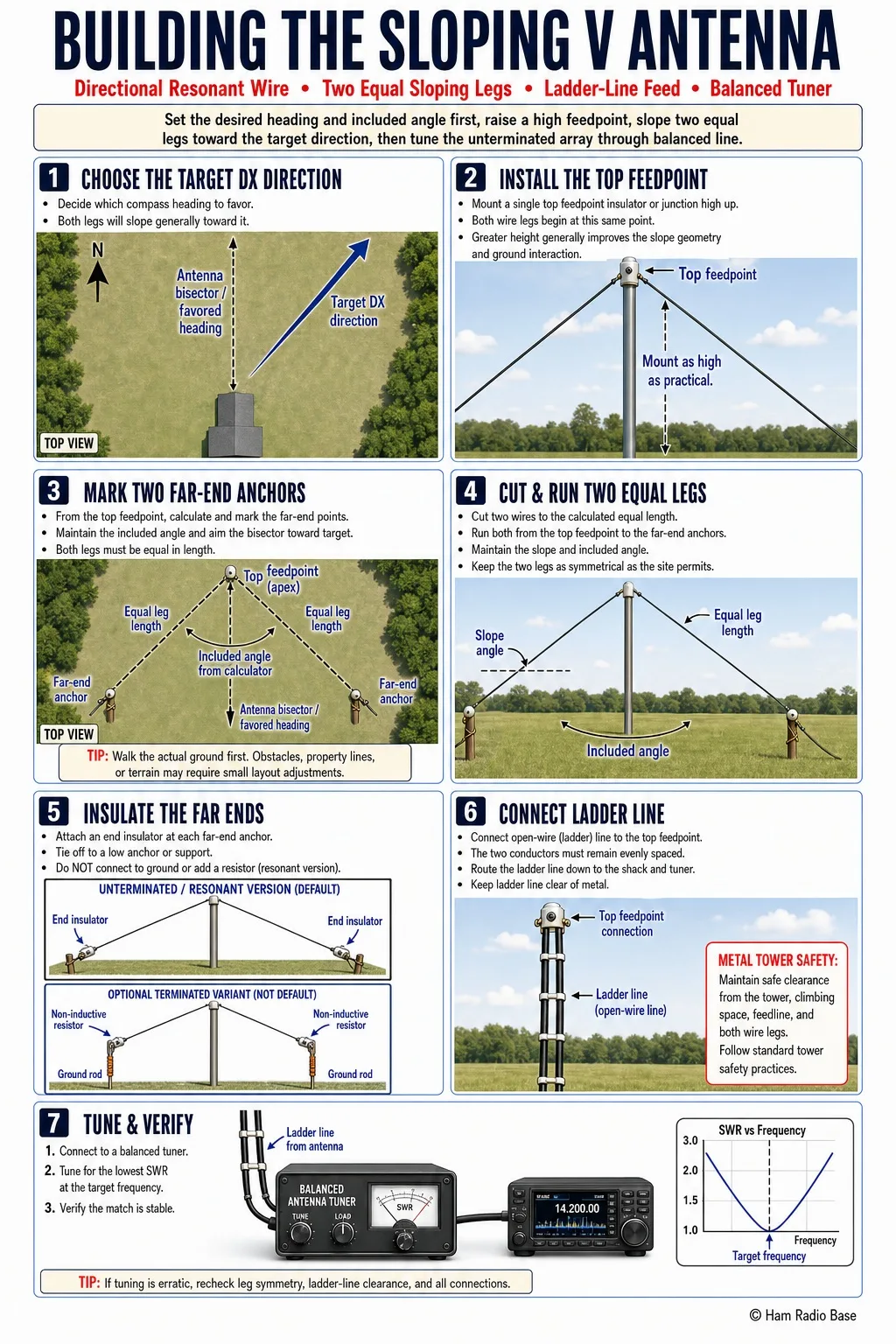 Finished Sloping V antenna fed near the top of a single tower with both wire legs sloping down and outward toward the target DX direction