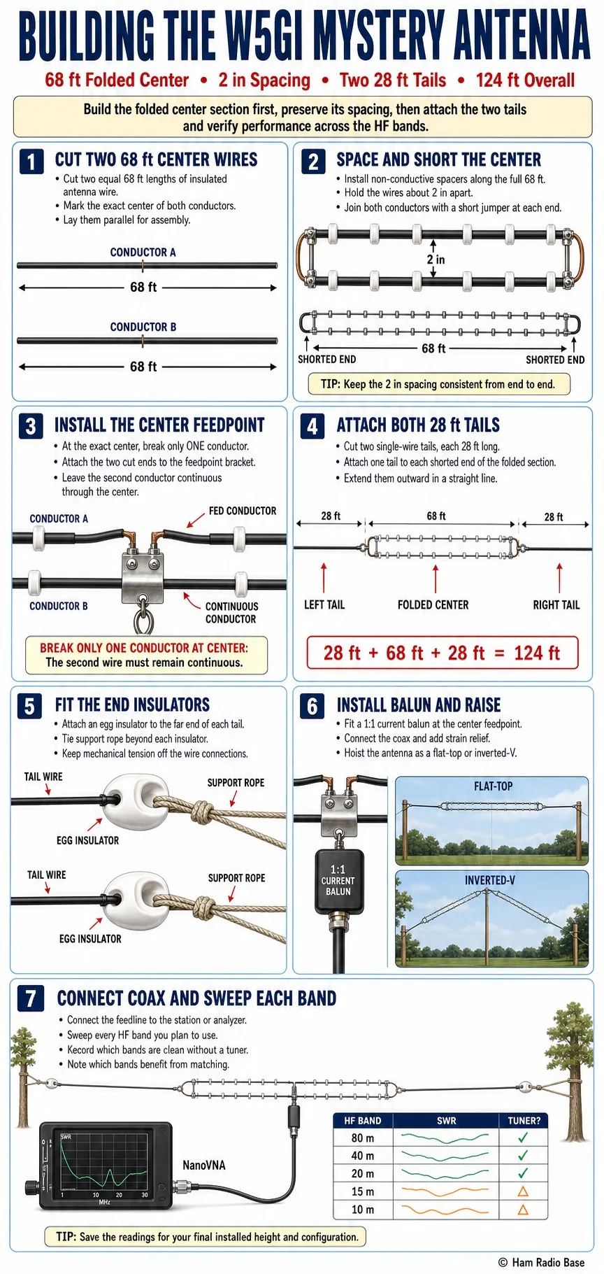 w5gi mystery antenna strung flat-top between two supports, showing a center folded parallel-wire section with a coax feedpoint bracket at its middle, and a single open-wire tail extending from each end of the folded section out to end insulators