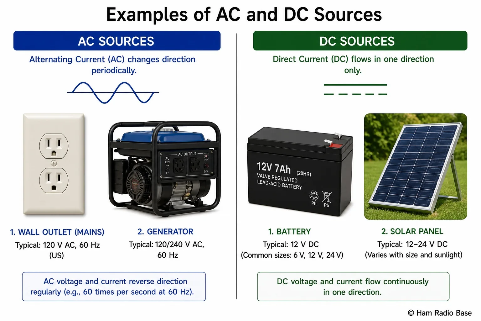 Labelled photo showing AC electrical outlet, battery, bench power supply and vehicle power outlet as examples of AC and DC sources