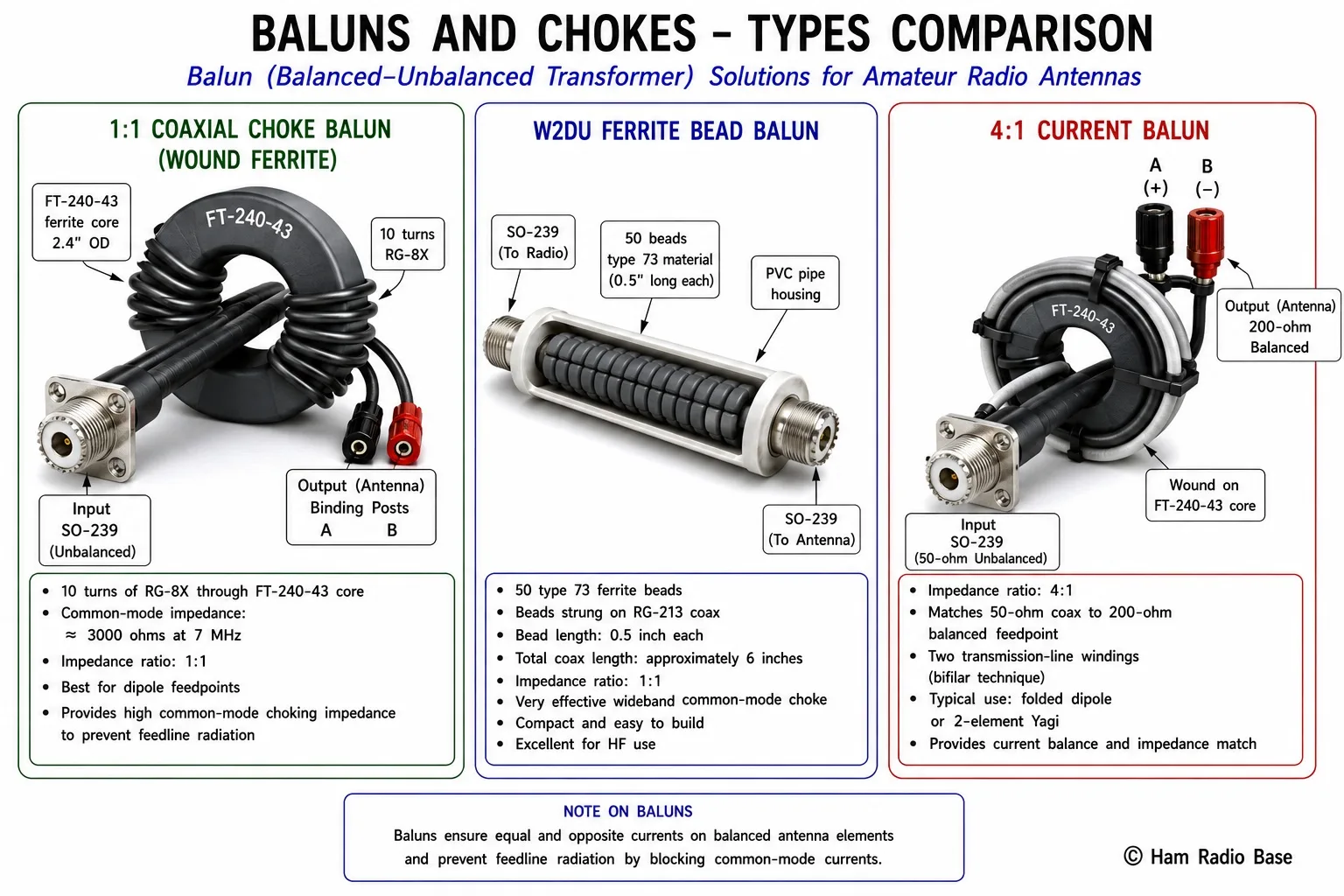 Three balun types side by side: left shows a coaxial choke balun (coax wound into a coil or wound on a toroid ferrite core, with SO-239 input and binding post outputs), center shows a W2DU ferrite bead balun (coax threaded through a string of ferrite beads in a weatherproof housing), right shows a 4:1 current balun on a ferrite toroid (transmission line windings producing 4:1 impedance transformation), each labeled with turns, typical applications, and impedance ratio