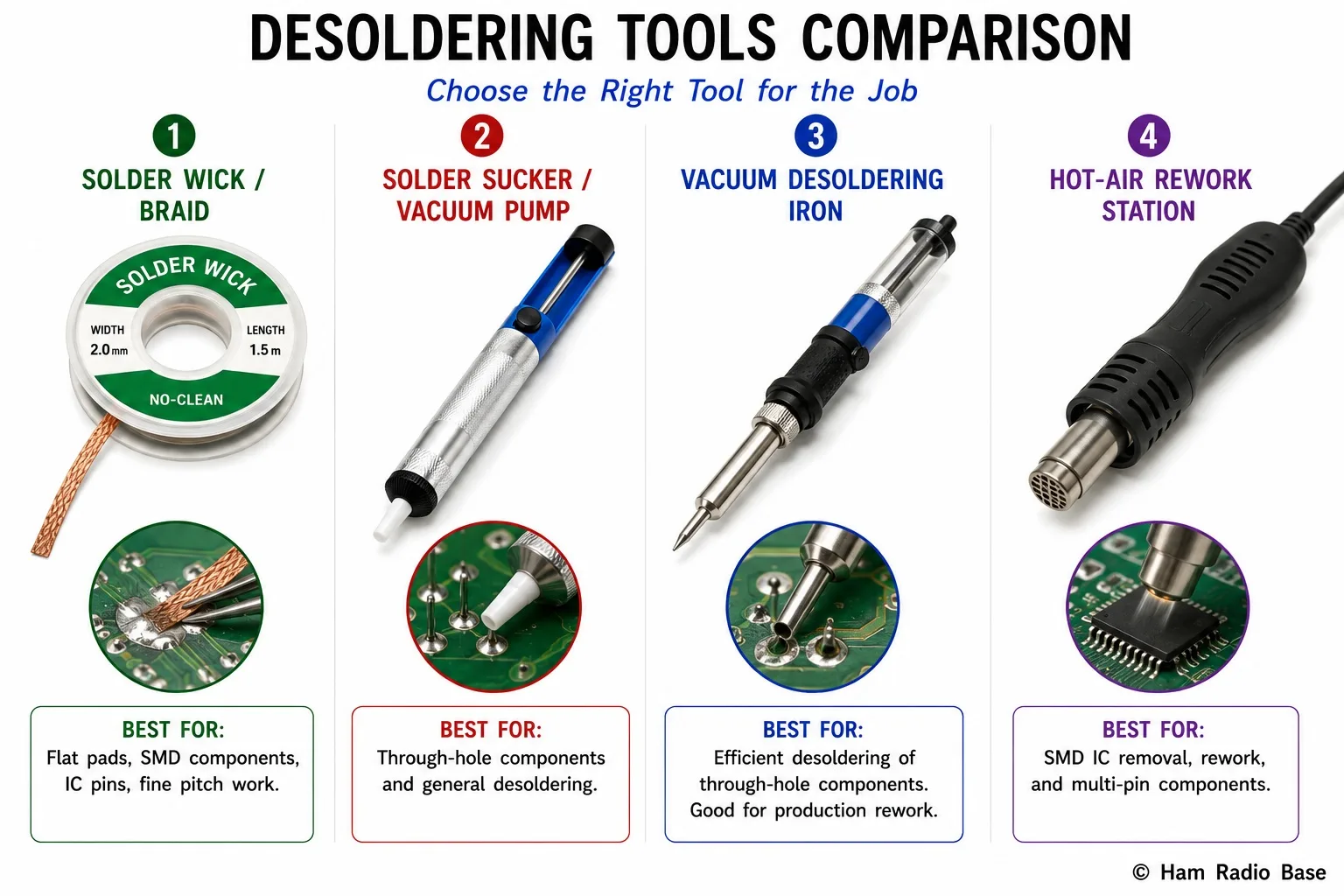 Four desoldering tools side by side: solder wick braid, spring-loaded vacuum pump, vacuum desoldering iron, and hot-air rework station handpiece