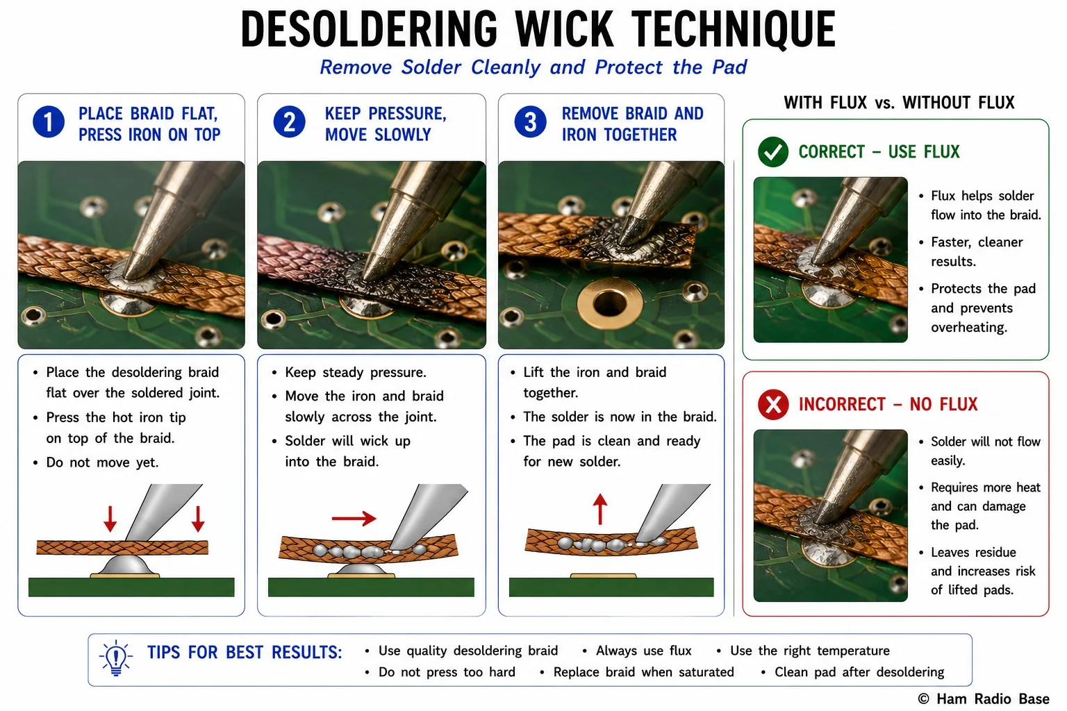 Three-panel diagram showing correct solder wick technique: placing braid flat over joint, solder wicking up into braid, then removing braid and iron together to leave a clean pad