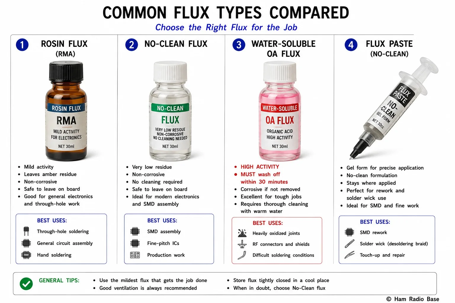 Four panels comparing flux types: rosin/RMA flux (amber liquid), no-clean flux (clear liquid), water-soluble OA flux (pink tinted), and flux paste (gray paste syringe), each with compatibility notes and cleaning requirements