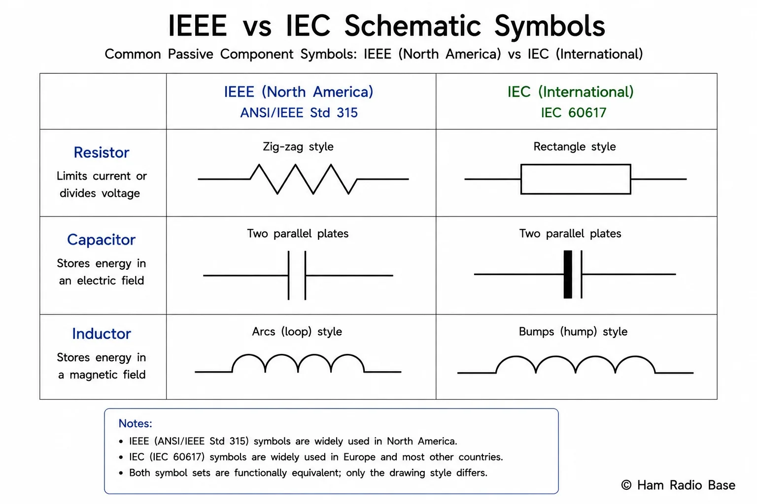 Comparison of IEEE and IEC schematic symbols for resistor, capacitor and inductor
