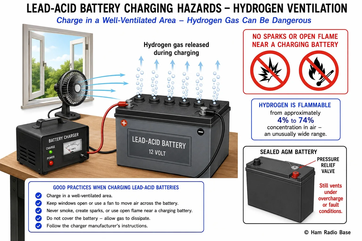 Diagram of a lead-acid battery on a charger in a well-ventilated area with a fan and open window, showing small bubbles of hydrogen gas rising from the electrolyte during charging, with a warning symbol indicating no open flame or sparking equipment nearby and a flammability range callout of 4 to 74 percent hydrogen concentration in air