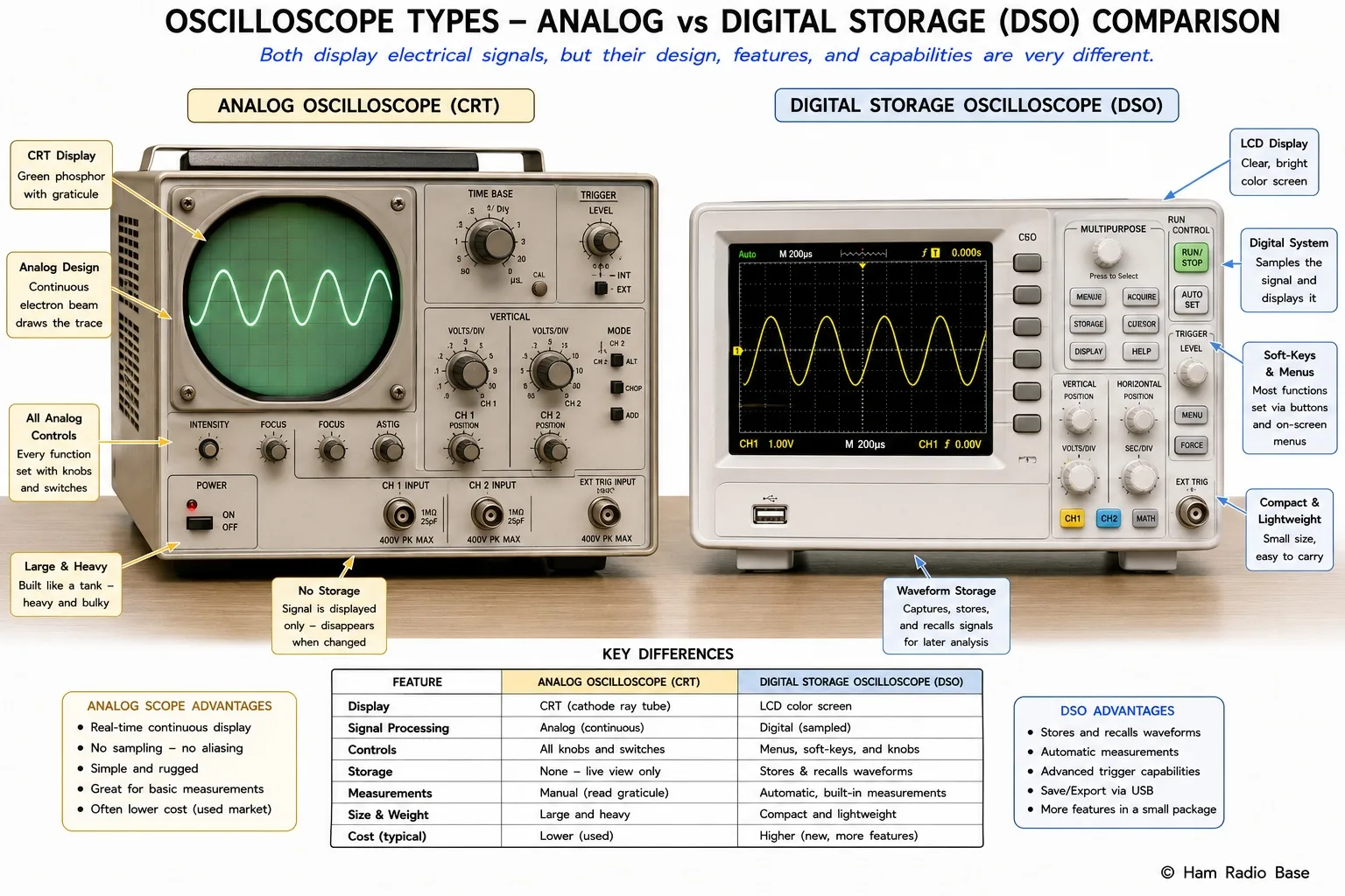 Side-by-side comparison of a classic analog CRT oscilloscope on the left and a modern digital storage oscilloscope on the right, showing the physical differences