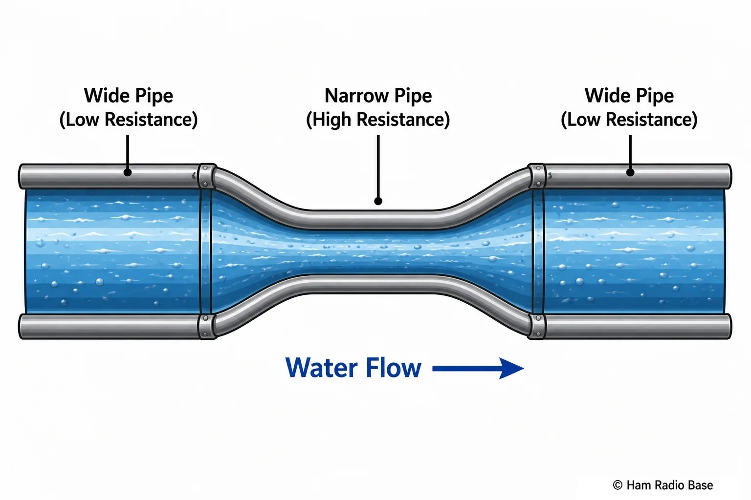 Water pipe analogy showing a narrow section of pipe representing resistance restricting current flow