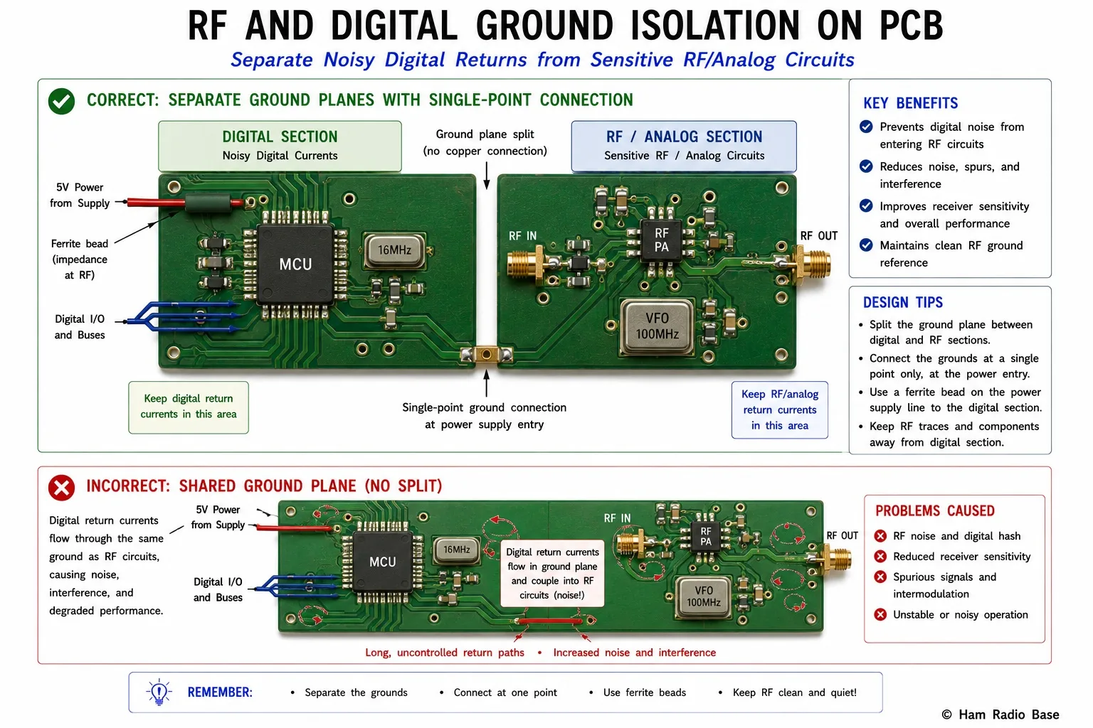 PCB layout diagram showing digital and RF analog ground plane separation with a single-point star ground connection at the power supply entry, ferrite bead on supply trace, and current flow arrows