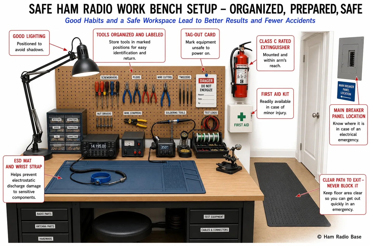 Labeled diagram of a well-organized ham radio workbench showing good overhead lighting, an anti-static mat and wrist strap, tools hung in clear view on a pegboard, a fire extinguisher and first aid kit mounted within reach, a clear unobstructed path to the door, no liquids near the equipment, and a clearly visible main circuit breaker panel location noted on a small wall sign