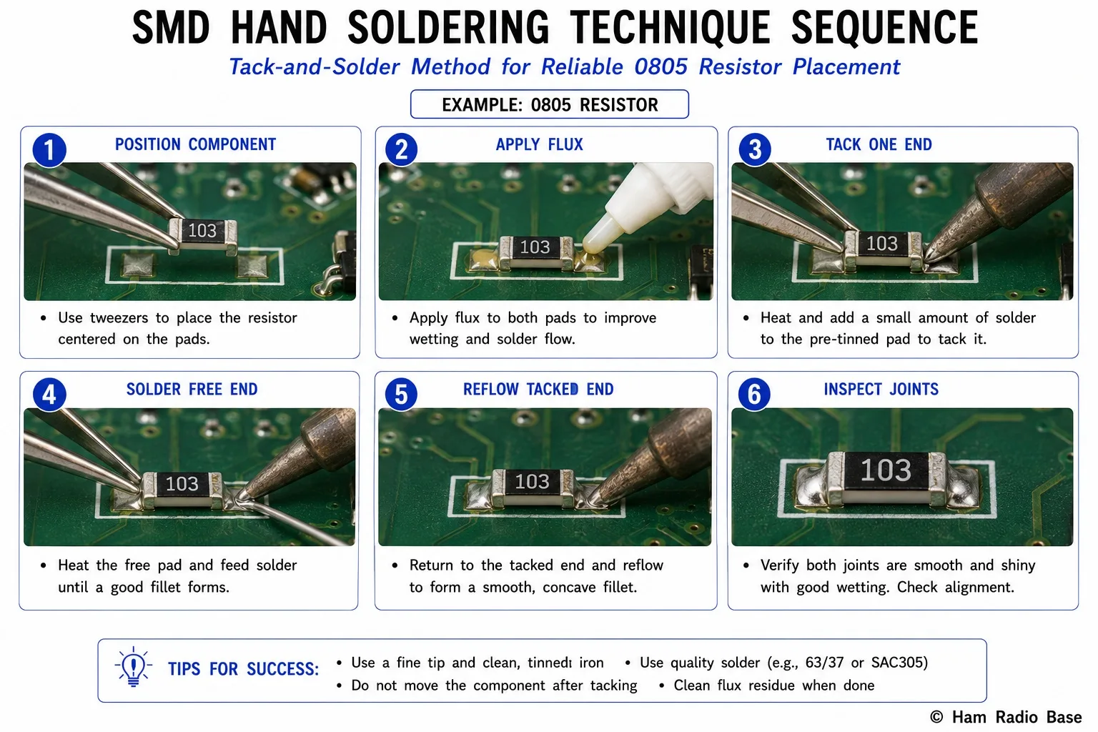 Six-panel step-by-step diagram showing the tack-and-solder technique for an 0805 SMD resistor: flux application, holding with tweezers, tacking one pad, soldering the free end, reflowing the tacked end, and the finished solder joints