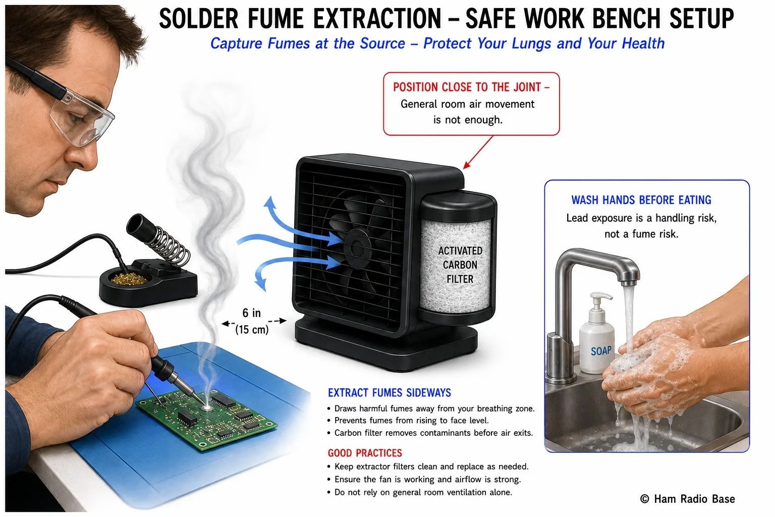 Diagram of a soldering workbench showing a small fume extractor fan with a carbon filter positioned close to the soldering iron tip, drawing rising rosin flux fume away from the operator's face before it can be inhaled, with a separate labeled note about washing hands before eating due to lead handling rather than fume inhalation