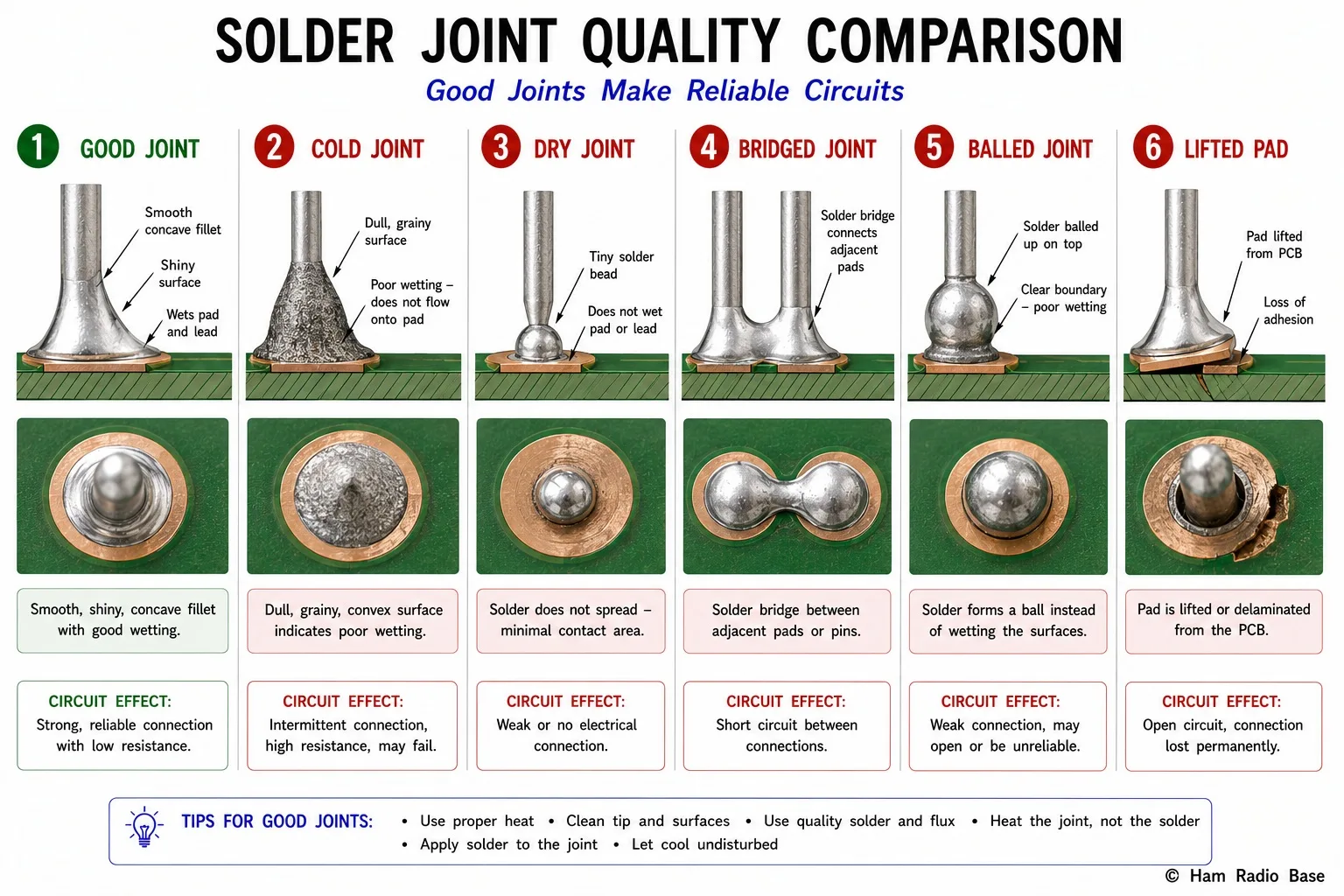 Six solder joint cross-section diagrams comparing good joint, cold joint, dry joint, bridged joint, balled joint, and lifted pad