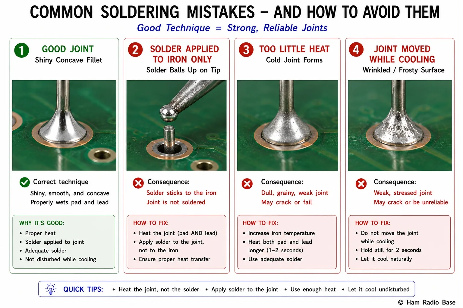Four-panel diagram showing soldering mistakes compared to a correct joint: good joint with shiny concave fillet, solder applied to iron with solder balling up on tip and joint unsoldered, cold joint from insufficient heat showing dull globular solder, and disturbed joint with wrinkled frosted surface from movement during cooling