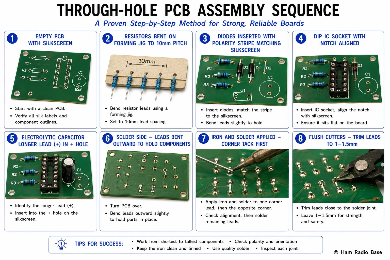 Eight-panel diagram showing complete through-hole PCB assembly sequence from empty board through lead forming, insertion, soldering, and lead trimming