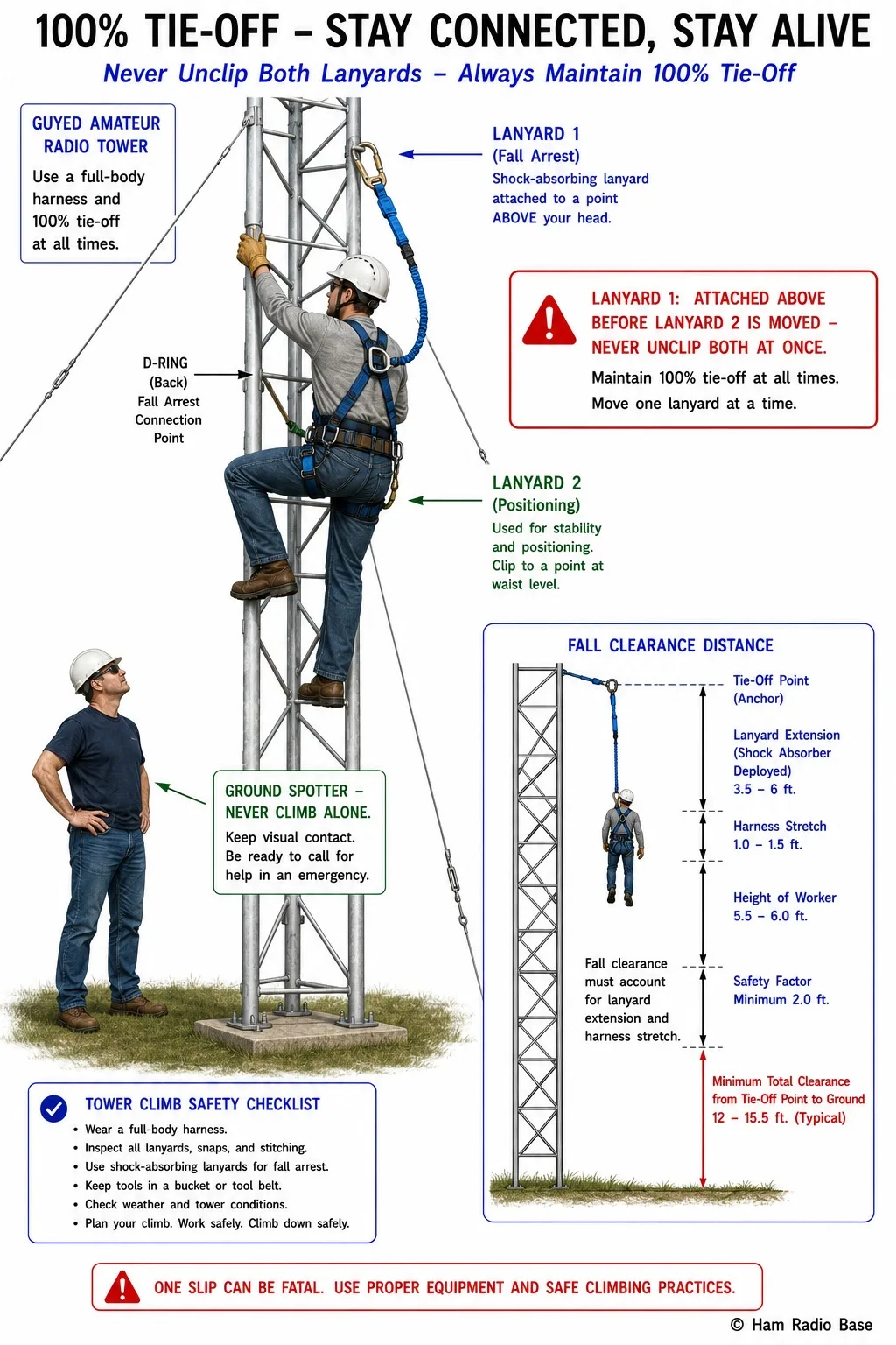 Diagram of a person climbing an amateur radio tower wearing a full-body fall arrest harness with a shock-absorbing lanyard clipped to the tower above the climber's position and a second positioning lanyard clipped lower, illustrating the 100 percent tie-off rule where at least one lanyard is always attached during every movement
