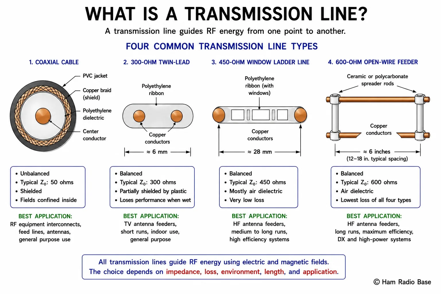 Four common transmission line types shown in cross-section: coaxial cable with inner conductor and outer shield, twin-lead with two parallel conductors in plastic ribbon, ladder line with spaced conductors and periodic spacers, and open-wire feedline with widely spaced bare conductors