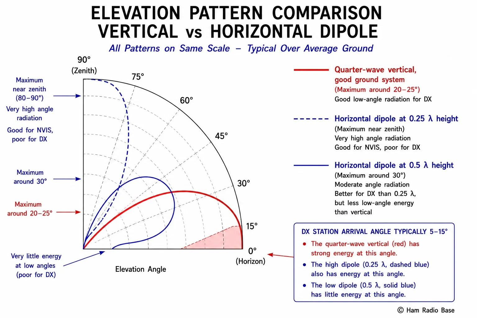 Elevation pattern comparison between a quarter-wave vertical and a half-wave dipole at various heights, showing the vertical's lower-angle radiation advantage for DX