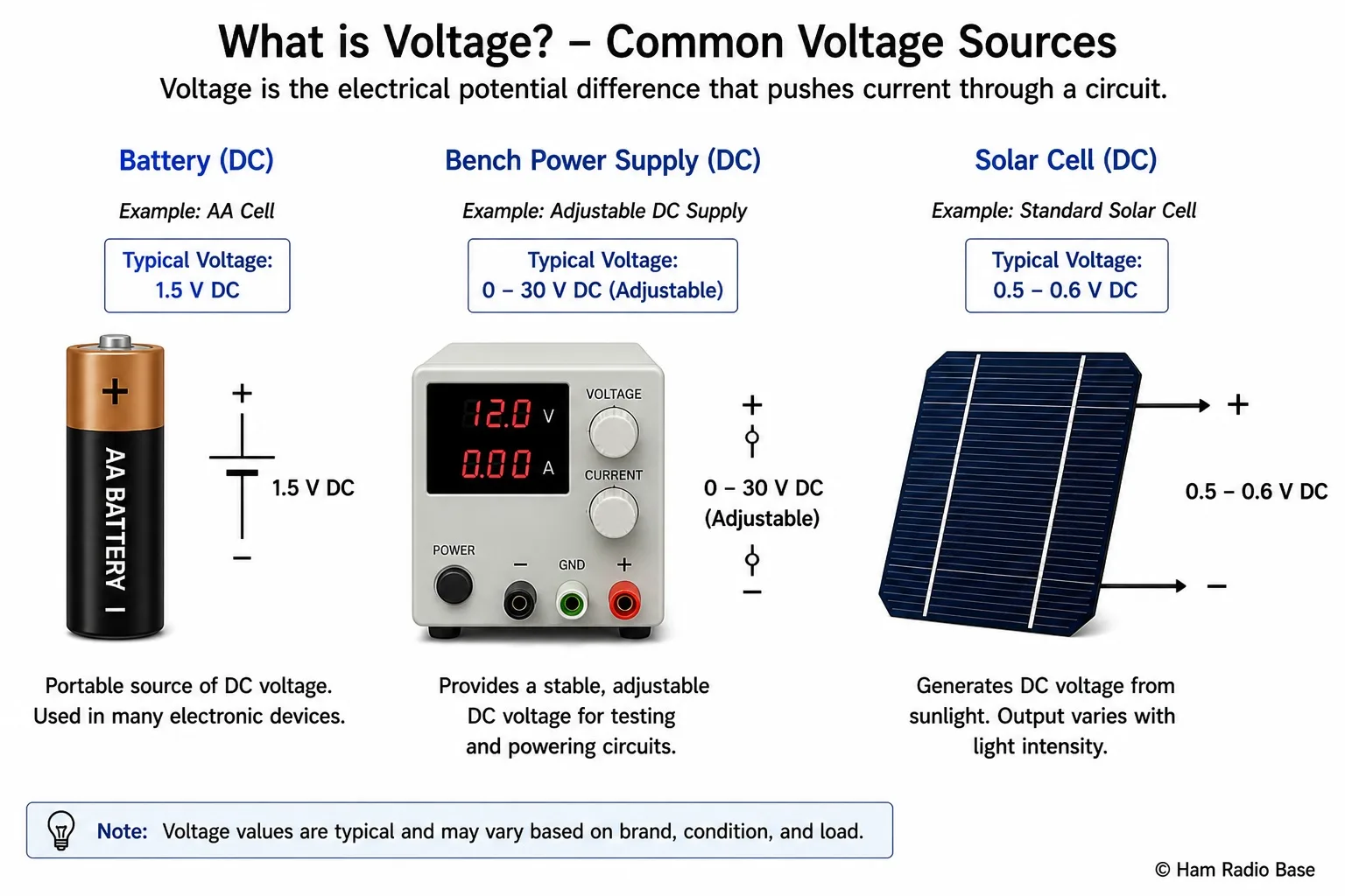Diagram showing four voltage sources: battery, bench power supply, solar panel and AC line voltage outlet with typical voltage values labelled