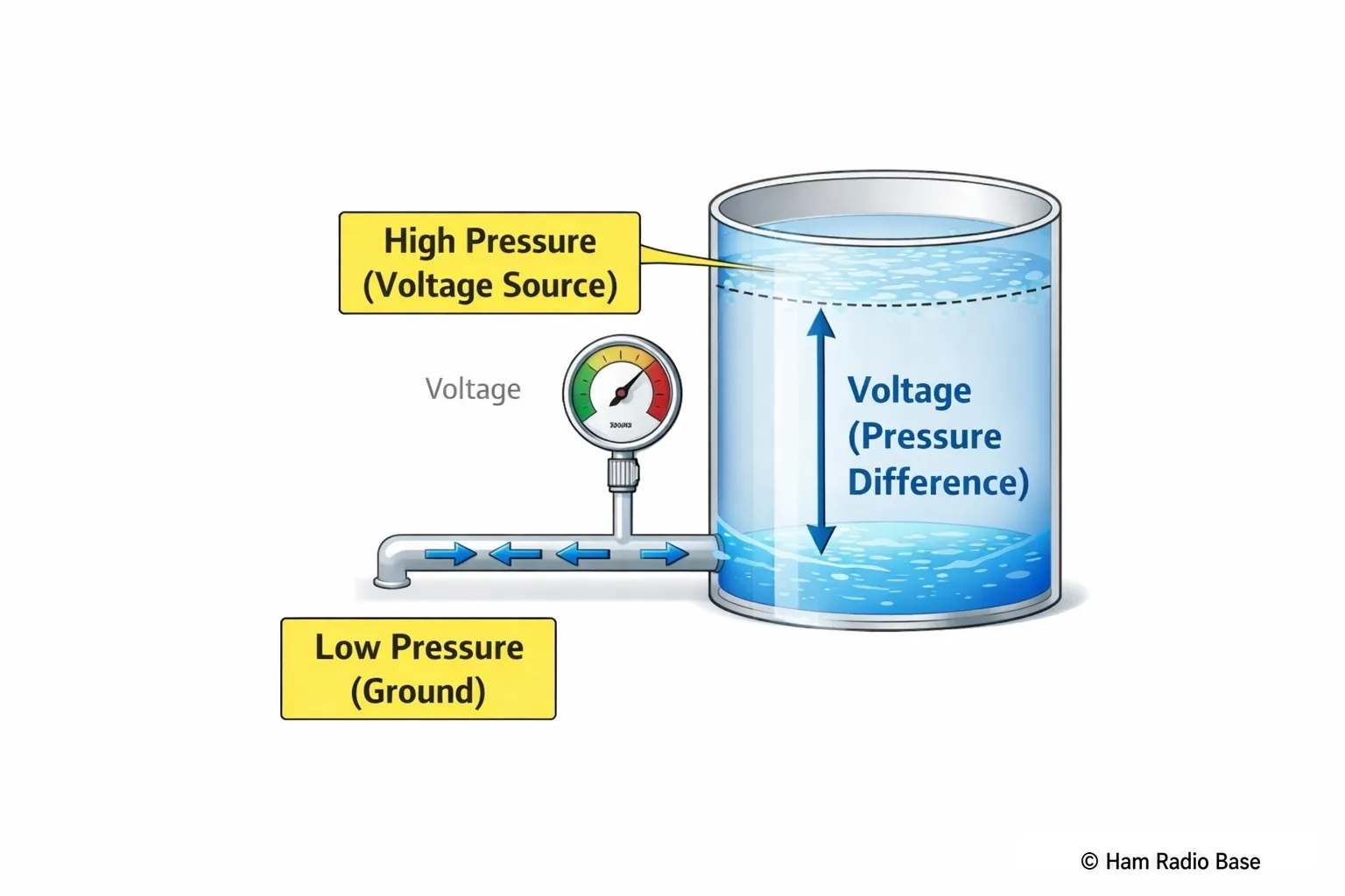 Water tank analogy showing higher water level creating more pressure, representing higher voltage